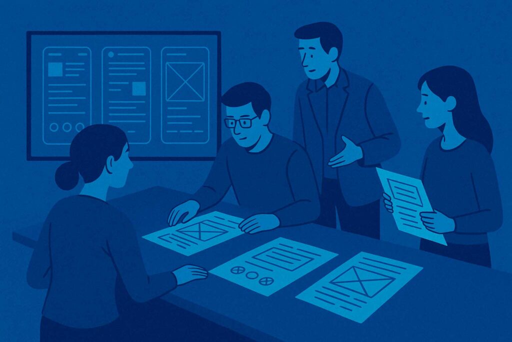 Ilustración digital en azul con diseñadores, desarrolladores y gestores de producto colaborando en torno a wireframes impresos y proyectados, representando el uso profesional del wireframing en equipos UX. Pixelvivo Jorge Juan Oliva Castillo