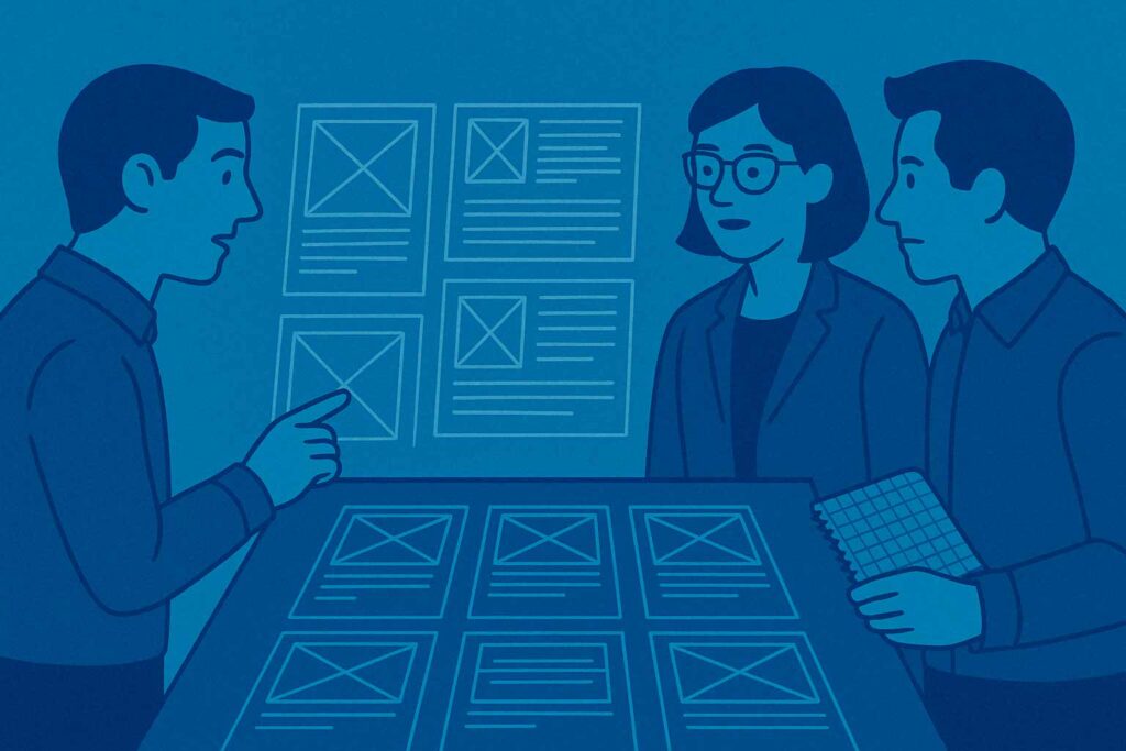 Profesionales colaborando en equipo mientras revisan wireframes impresos sobre una mesa, representando el uso compartido de wireframes por diseñadores, desarrolladores y gerentes de producto