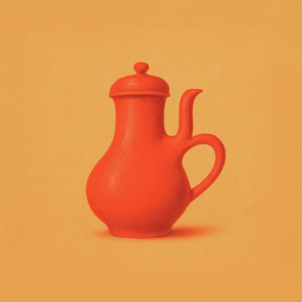 Tetera roja de cerámica con forma clásica, sobre un fondo amarillo cálido con formas suaves y abstractas, simbolizando el diseño de objetos cotidianos según Donald Norman