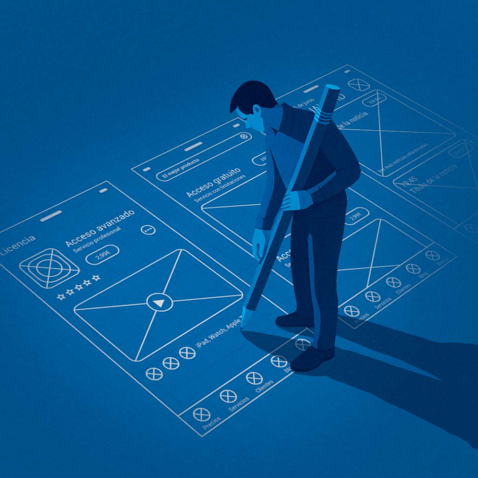 Ilustración de un diseñador creando wireframes de una app móvil con una regla gigante sobre una cuadrícula azul Jorge Juan Oliva Castillo. Pixelvivo