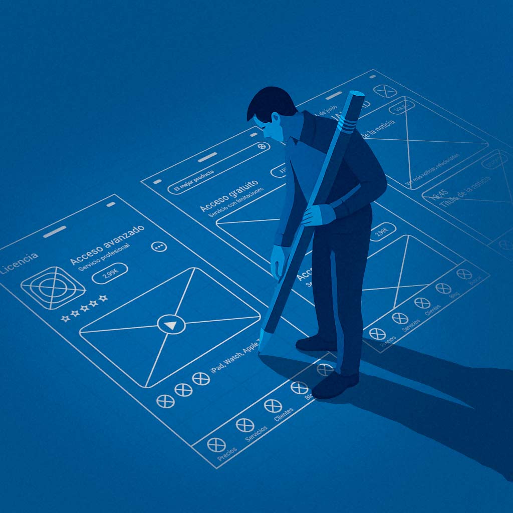 Ilustración de un diseñador creando wireframes de una app móvil con una regla gigante sobre una cuadrícula azul Jorge Juan Oliva Castillo. Pixelvivo