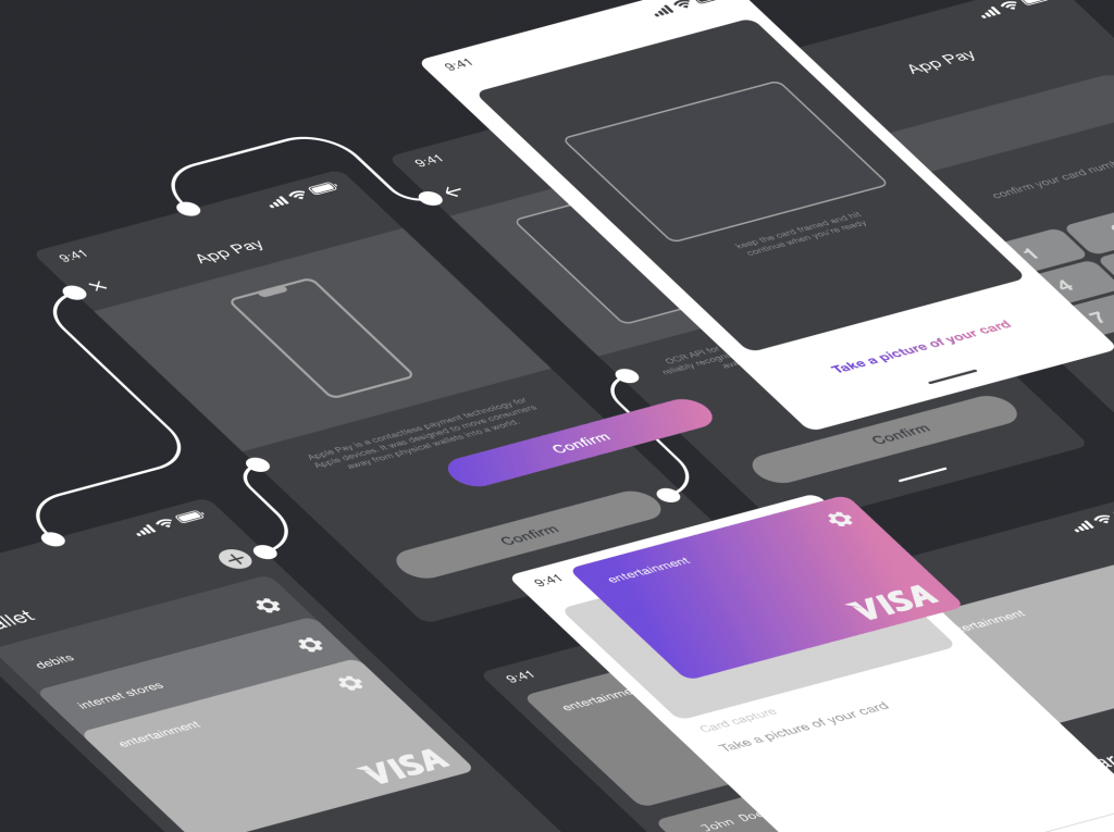 Ejemplo visual de un wireflow que conecta varias pantallas móviles con líneas de navegación, mostrando la secuencia de flujo en una interfaz de pago con tarjeta. ¿Qué son los wireflows- PIXELVIVO. Jorge Juan Oliva Castillo. Blog UX-UI