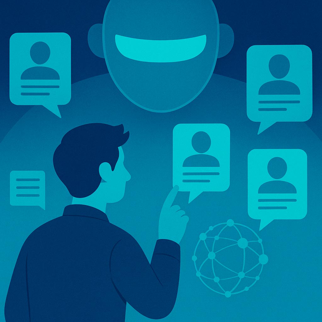 Ilustración conceptual de inteligencia artificial analizando datos de usuarios, representada con un estilo moderno y oscuro donde un robot observa papeles flotando mientras una persona cae en un agujero digital.