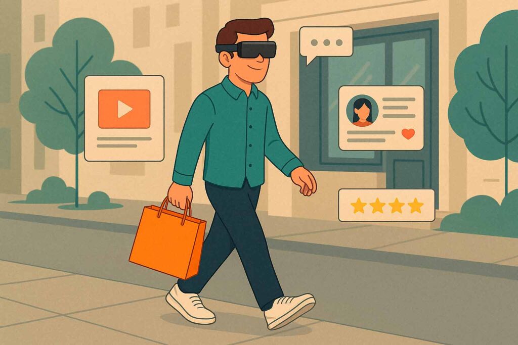 Ilustración de un joven con gafas de realidad aumentada caminando por la ciudad mientras interactúa con elementos flotantes, representando el diseño emocional y el storytelling en la UX de 2026. Imagen por PIXELVIVO y Jorge Juan Oliva Castillo.