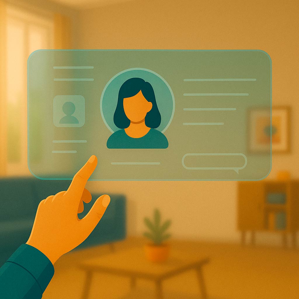 Interfaz holográfica de inteligencia artificial en UX, mostrando un perfil de usuario personalizado en un entorno doméstico, por PIXELVIVO y Jorge Juan Oliva Castillo