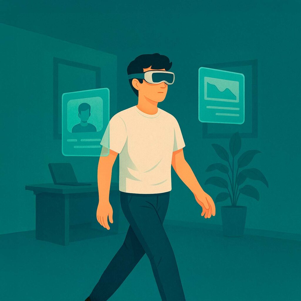 Ilustración flat de un joven con gafas de realidad aumentada en un despacho minimalista, interactuando con paneles digitales flotantes; estilo Pixelvivo por Jorge Juan Oliva Castillo