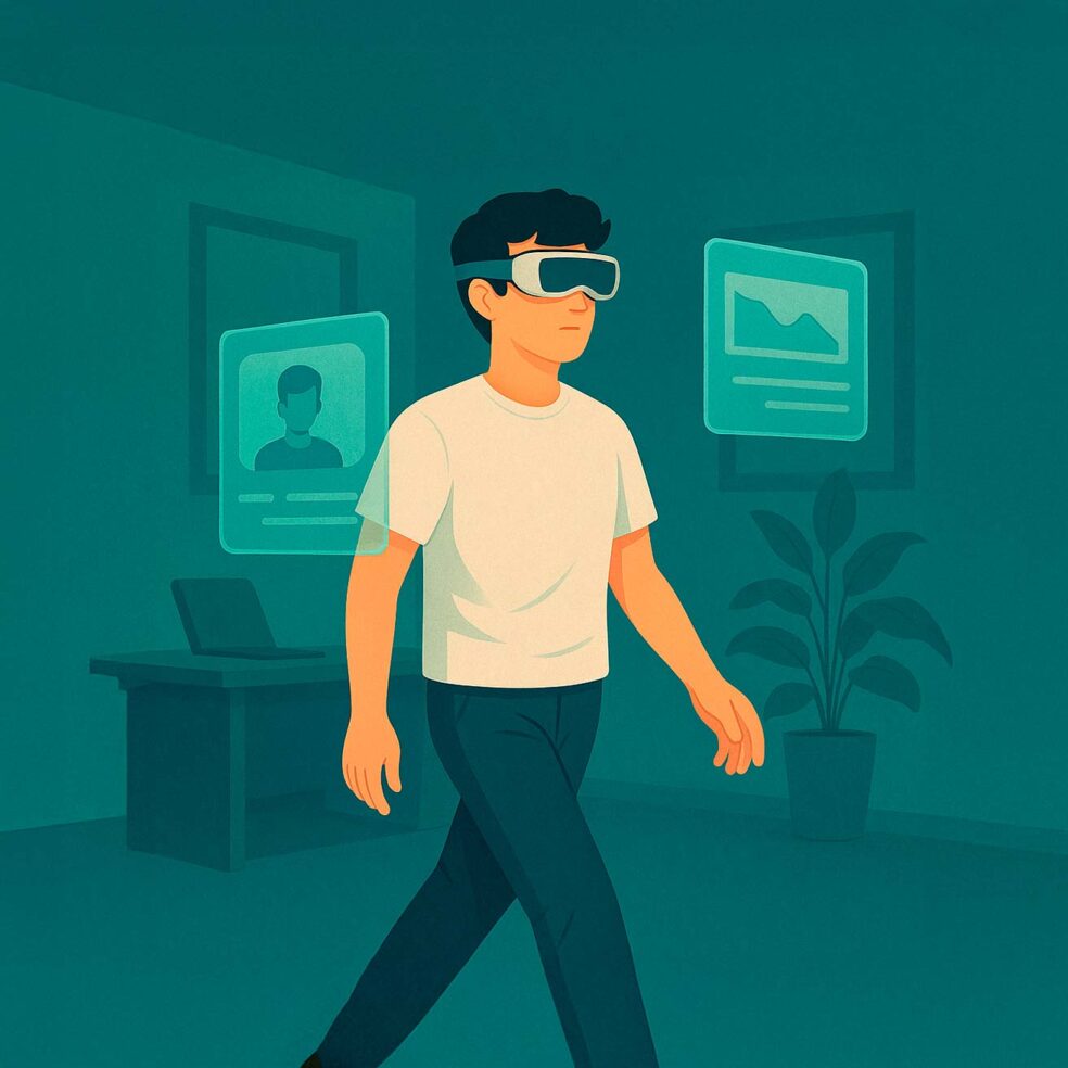 Ilustración flat de un joven con gafas de realidad aumentada en un despacho minimalista, interactuando con paneles digitales flotantes; estilo Pixelvivo por Jorge Juan Oliva Castillo